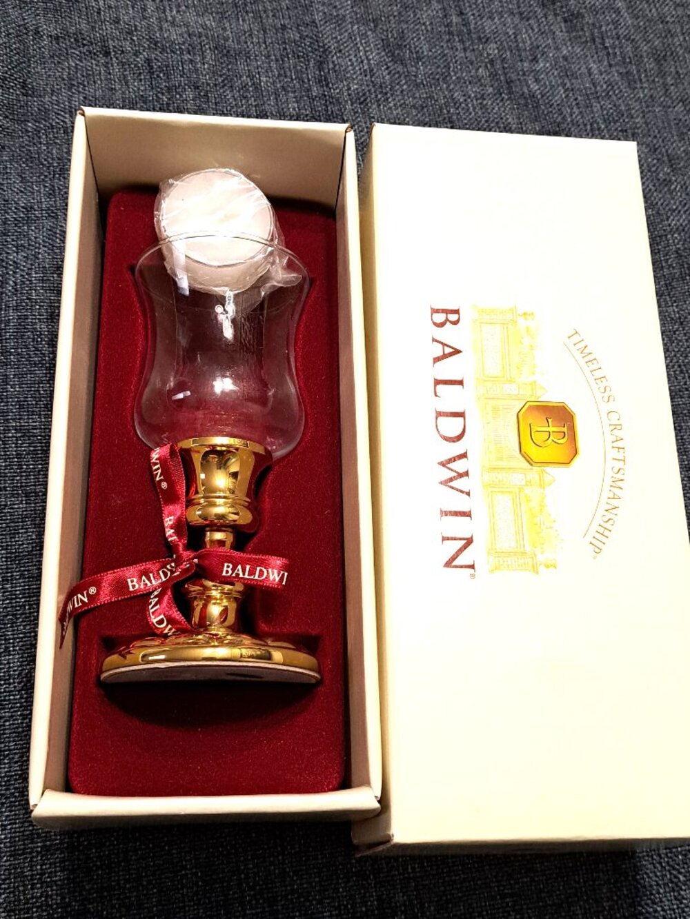 BALDWIN BRASS CANDLE HOLDER NEW IN BOX W GLASS SHADE TEALIGHT